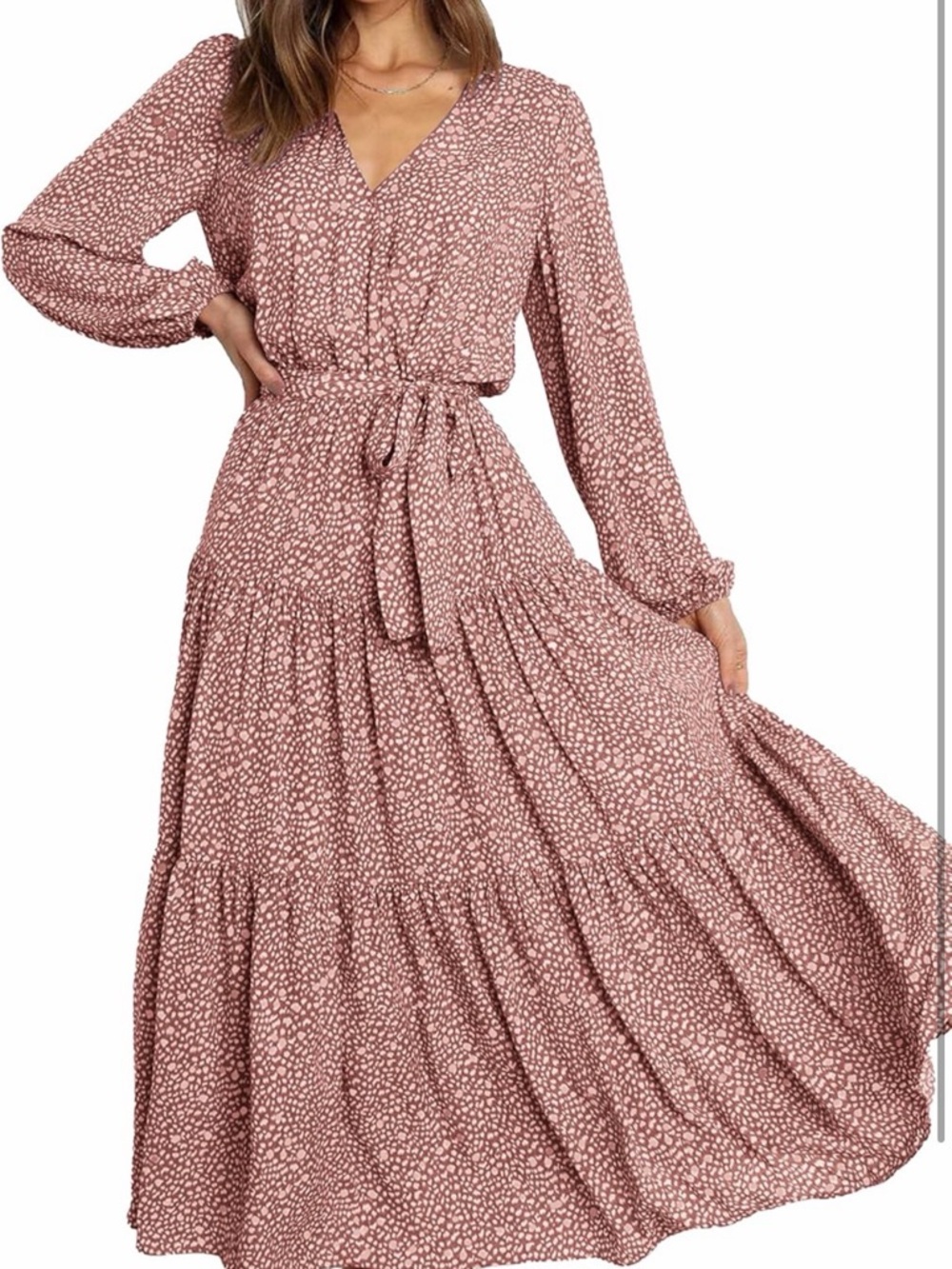 Tiered V-Neck Long Sleeve Maxi Dress in Dusty Rose
